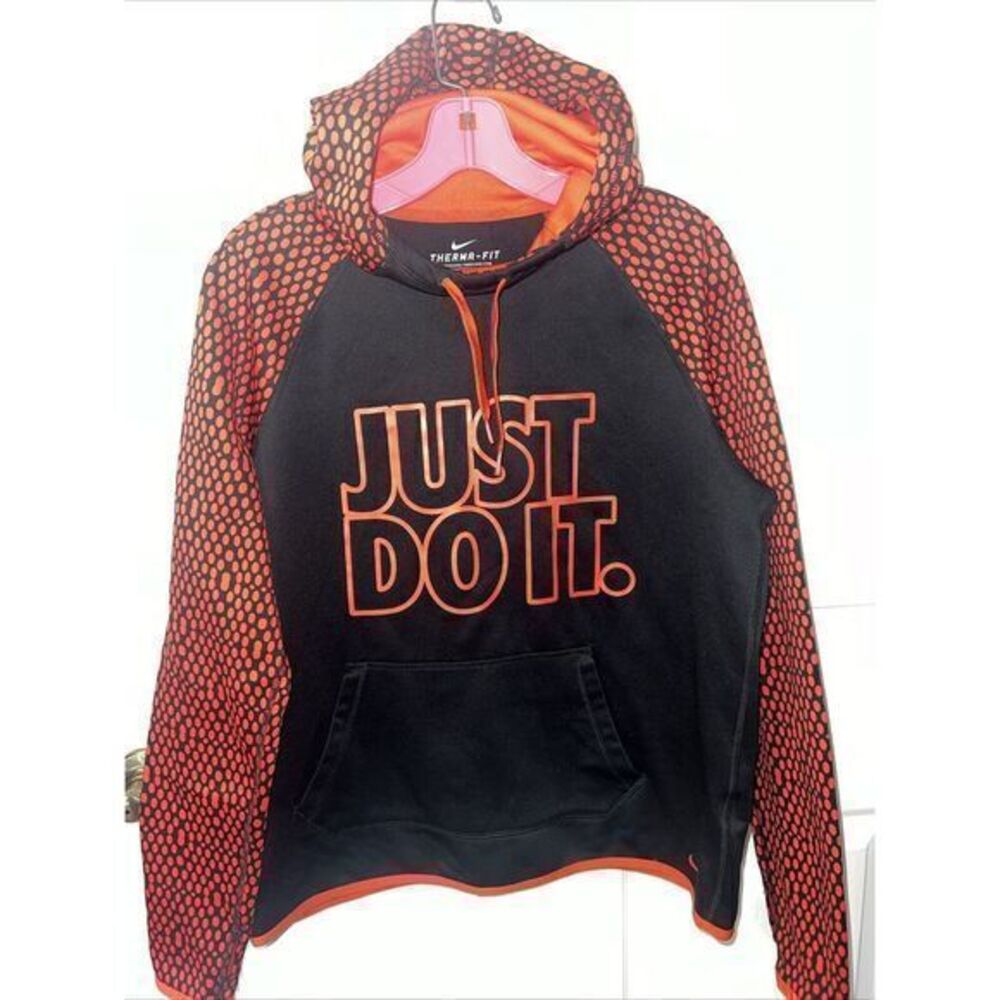 Nike Sweater Women Med Red Black Sweatshirt Hoodie Therma Pull Over Thumb Hole